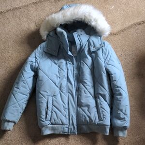 Abercrombie Kids Light Blue Quilted Jacket with Faux Fur Hood